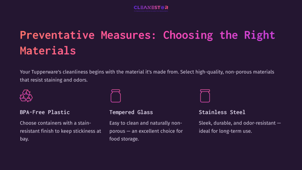 Text On A Dark Purple Background Highlights Three Material Options For Tupperware: Bpa-Free Plastic, Tempered Glass, And Stainless Steel.