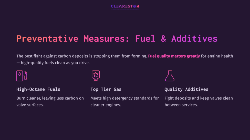 Graphic With Pink And White Text On A Dark Background, Highlighting Preventive Measures: High-Octane Fuels, Top-Tier Gas, And Quality Additives.