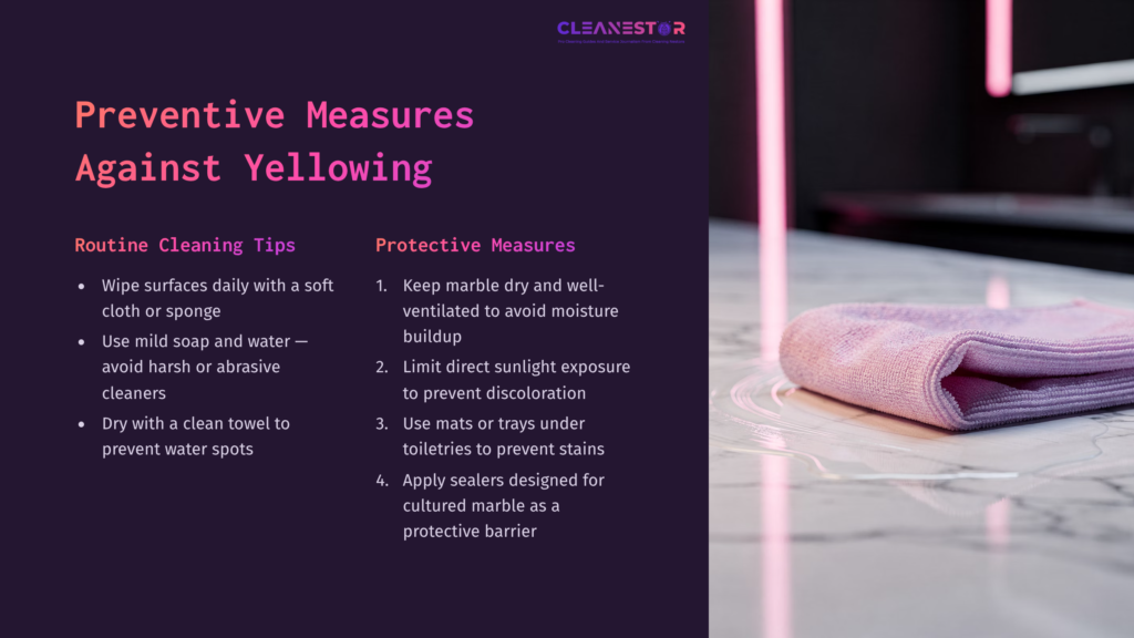 A Pink Cloth Rests On A White Cultured Marble Surface, Accompanied By Cleaning Tips And Preventive Measures Against Yellowing.