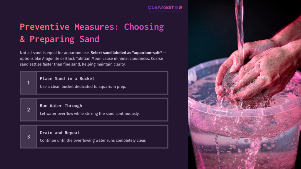 Hands Stirring Coarse Sand In A Bucket, Surrounded By A Purple Background, With Text Outlining Steps For Preparing Aquarium Sand.