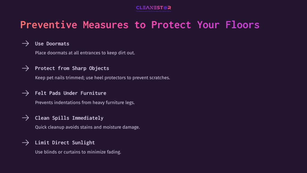 Bullet Points With Preventive Measures For Maintaining Rigid Core Flooring, Displayed On A Dark Purple Background With White Text.