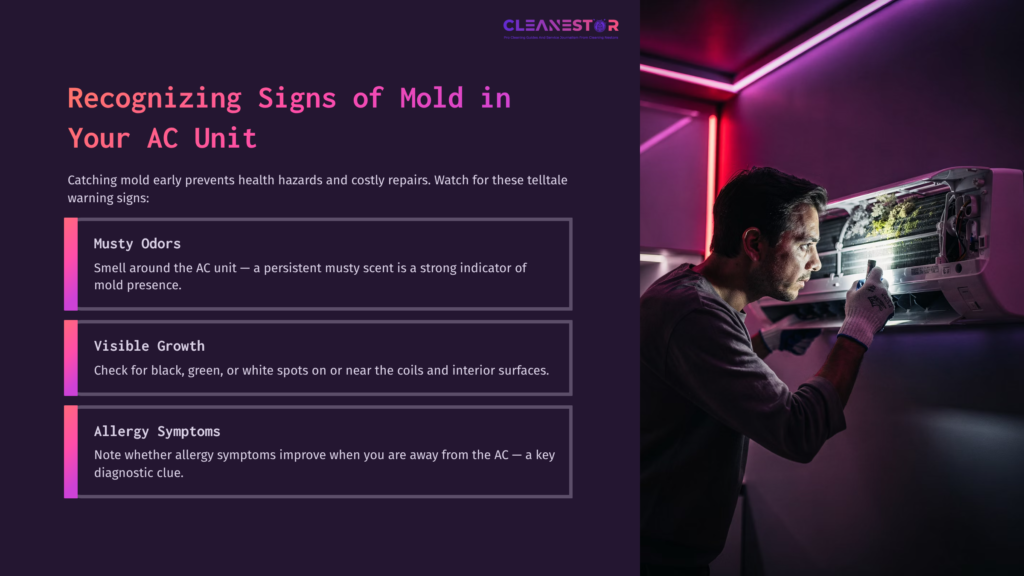 A Person Inspects An Air Conditioning Unit In Dim Lighting, Highlighting Signs Of Mold Such As Visible Growth And Odors.