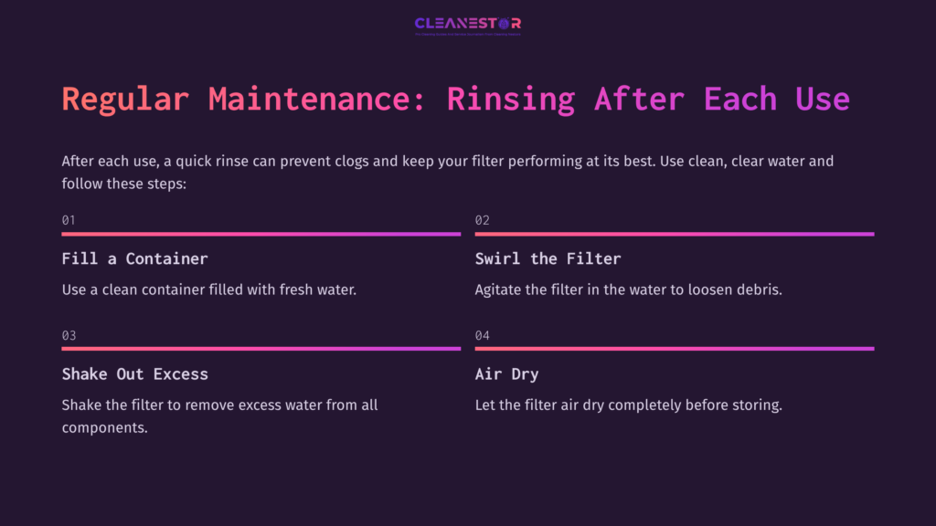 Instructions For Cleaning An Msr Water Filter, Featuring Steps In Purple Boxes: Fill A Container, Swirl The Filter, Shake Out Excess, Air Dry.
