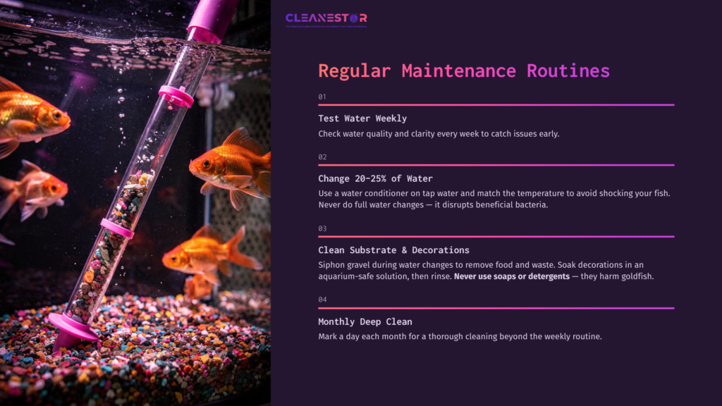 Underwater Scene Featuring Goldfish Swimming Near A Siphon In A Gravel Substrate, With Bright Colors And Clean Tank Maintenance Tips On The Right.