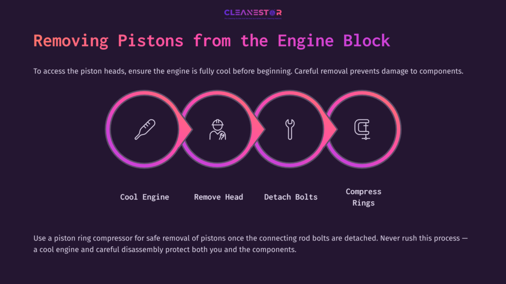 Graphic Illustrating Steps To Clean Piston Heads: Steps Include Cooling The Engine, Removing The Head, Detaching Bolts, And Compressing Rings, With Icons In A Circular Flow.
