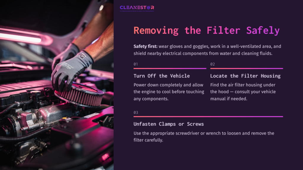 4 Removing The Filter Safely Close-Up Of A Mechanic'S Hands Wearing Gloves, Working On An Engine With A Filter. A Checklist On The Side Outlines Safety Steps.