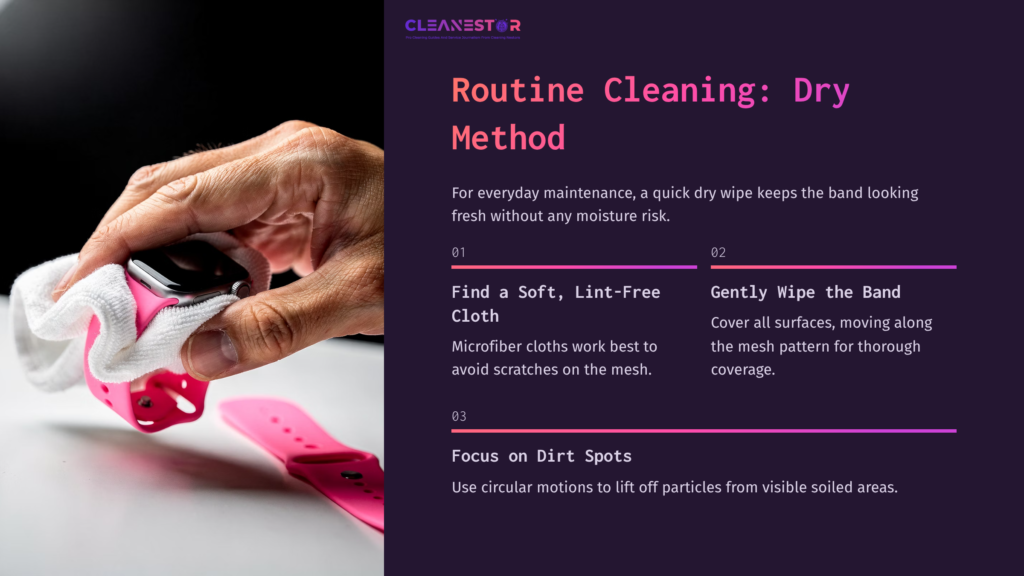 A Close-Up Of A Hand Cleaning A Pink Milanese Loop Smartwatch Band With A Cloth, Alongside Cleaning Instructions In A Split Layout.
