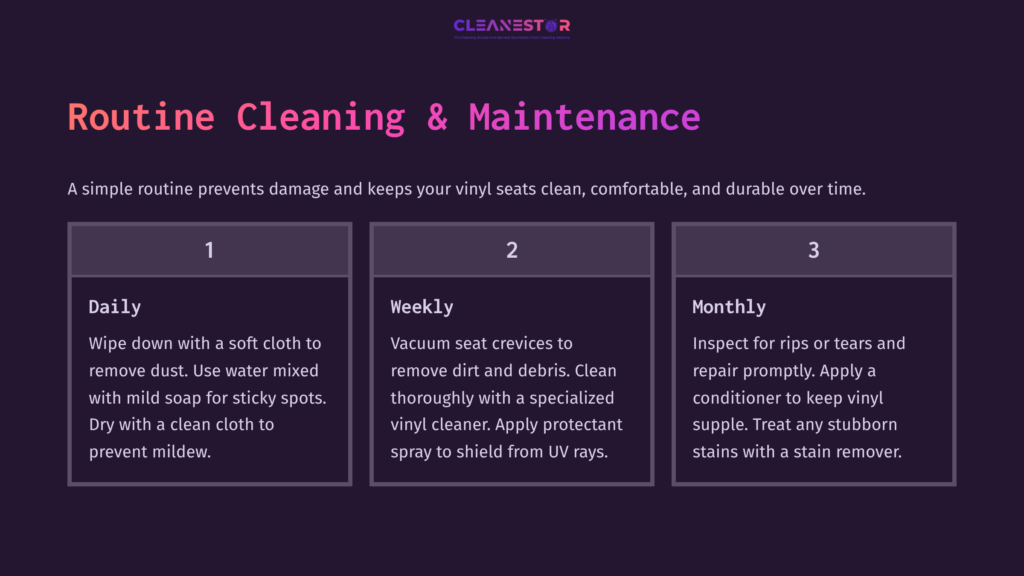 Routine Cleaning &Amp; Maintenance Guide For Vinyl Golf Cart Seats, With Tips On Cleaning Frequency And Methods, Set Against A Dark Background.