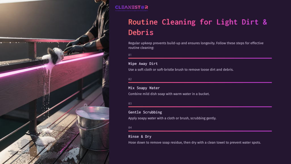 Cleaning Sequence For Trex Railing Featuring A Person Using A Soft Brush To Wipe Away Dirt, With A Bucket Of Soapy Water Nearby.