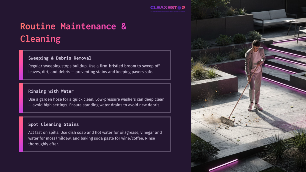 4 Routine Maintenance And Cleaning A Person Sweeping Pavers In A Modern Outdoor Space, With Purple And Gray Tones, Highlighting Cleaning And Maintenance Tips.