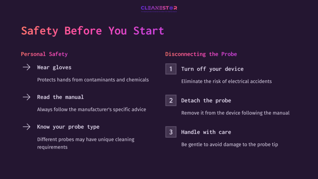 Safety Instructions For Cleaning A Temperature Probe, Featuring A Purple Background, White Text, And Numbered Steps For Guidance.