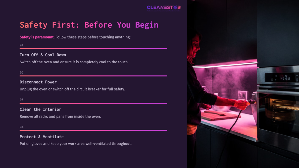A Person Cleaning An Oven With Pink Lighting. Safety Steps Listed On The Left, Including Turning Off And Cooling Down The Oven.