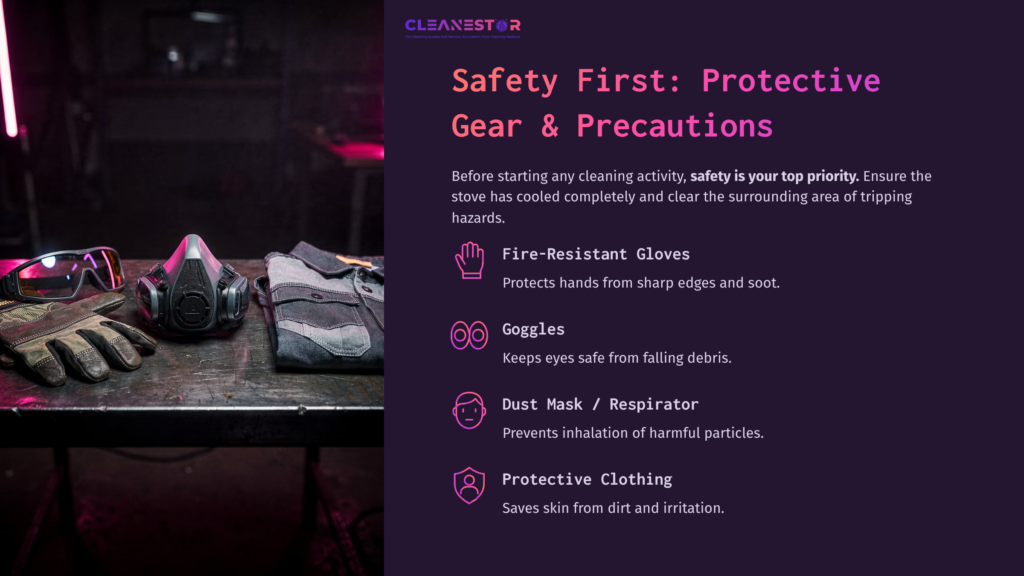Protective Gear For Cleaning: Fire-Resistant Gloves, Goggles, Dust Mask, And Protective Clothing On A Workbench With Purple Lighting.