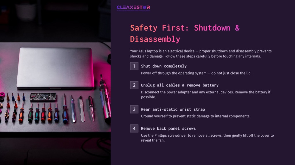 A Laptop On A Desk Is Surrounded By Tools, Including Screwdrivers And A Wrist Strap, Against A Dark Purple Background.