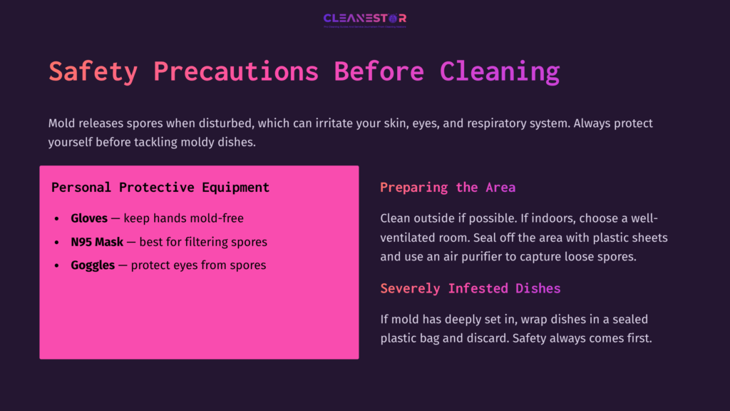 Informational Graphic Listing Safety Precautions For Cleaning Mold Off Dishes, Featuring Bold Headings, Purple And White Text, And Icons For Protective Gear.