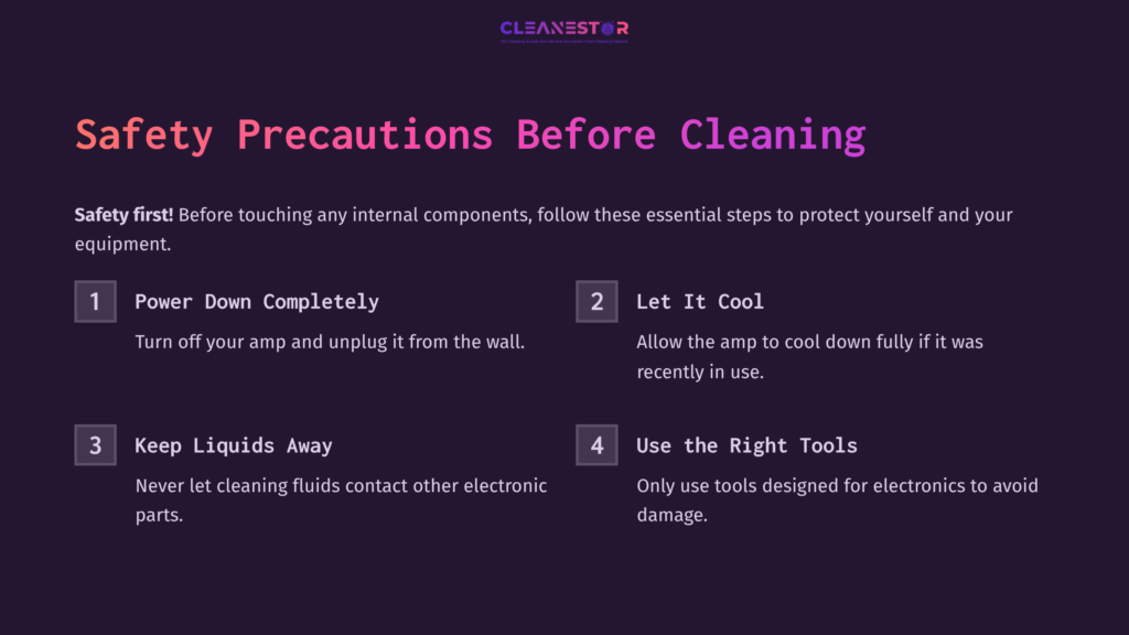 Safety Precautions For Cleaning Amp Pots: Steps Include Powering Down, Cooling, Keeping Liquids Away, And Using The Right Tools.