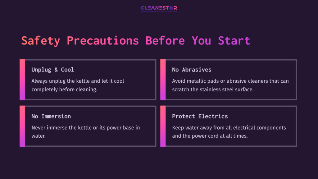 Text On A Dark Background With Pink And Purple Accents Lists Safety Precautions For Cleaning An Electric Kettle, Including Warnings And Instructions.