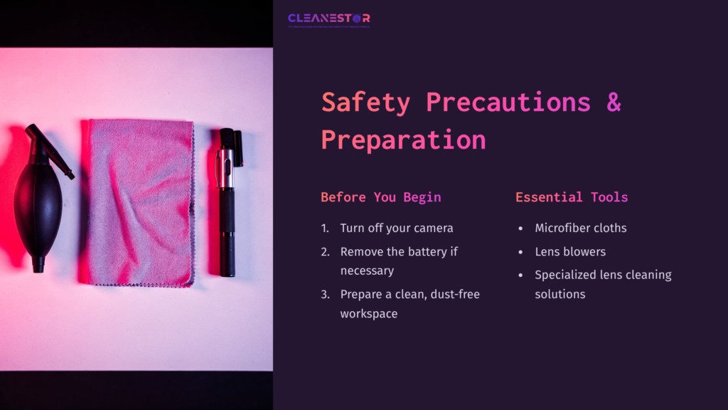 A Purple Background Features A Gray Cloth, Lens Blower, And Cleaning Tools, With Safety Tips Listed In Pink Text.
