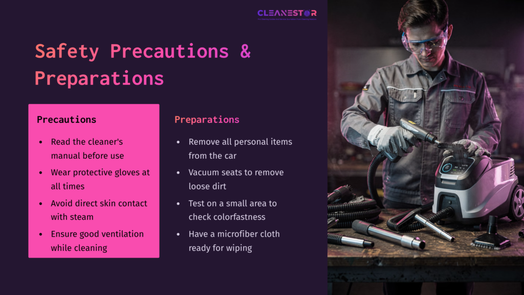 A Person In Protective Gloves Steam Cleans A Car Seat, Surrounded By Cleaning Equipment On A Workbench, With A Safety Guide Displayed.
