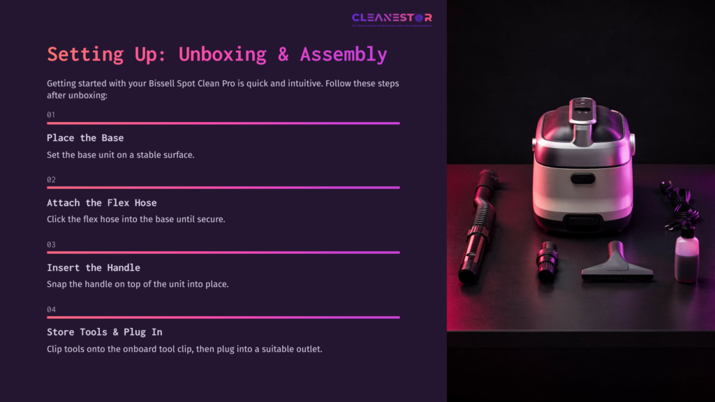 Bissell Spot Clean Pro On A Dark Surface With Assembly Instructions. Features The Cleaner, Hose, Handle, And Tool Clip.