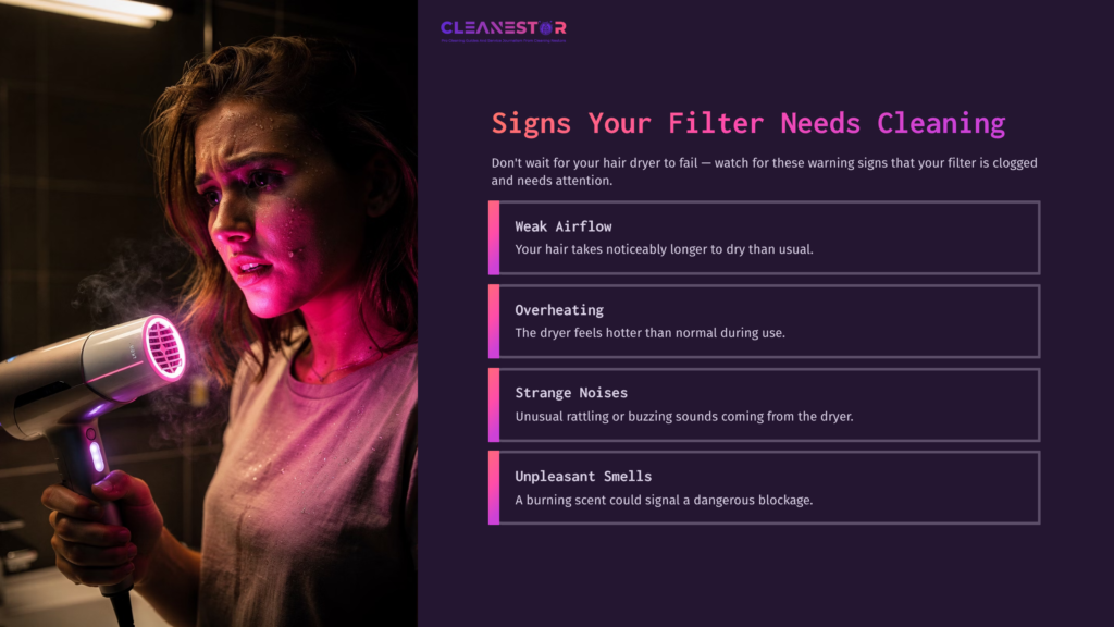 A Woman With A Hair Dryer In A Dark Room, Highlighted By Pink Light. Text Outlines Signs For Cleaning A Hair Dryer Filter.