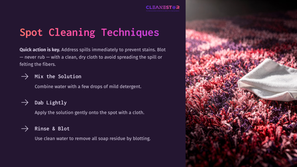 Close-Up Of A Hand-Knotted Wool Rug With Vibrant Pink And Purple Hues, Alongside Cleaning Instructions In Bold Text.