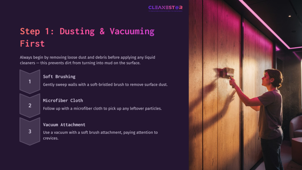 A Person Dusting A Knotty Pine Wall With A Soft Brush, Accompanied By Cleaning Steps In A Bold, Purple Layout.