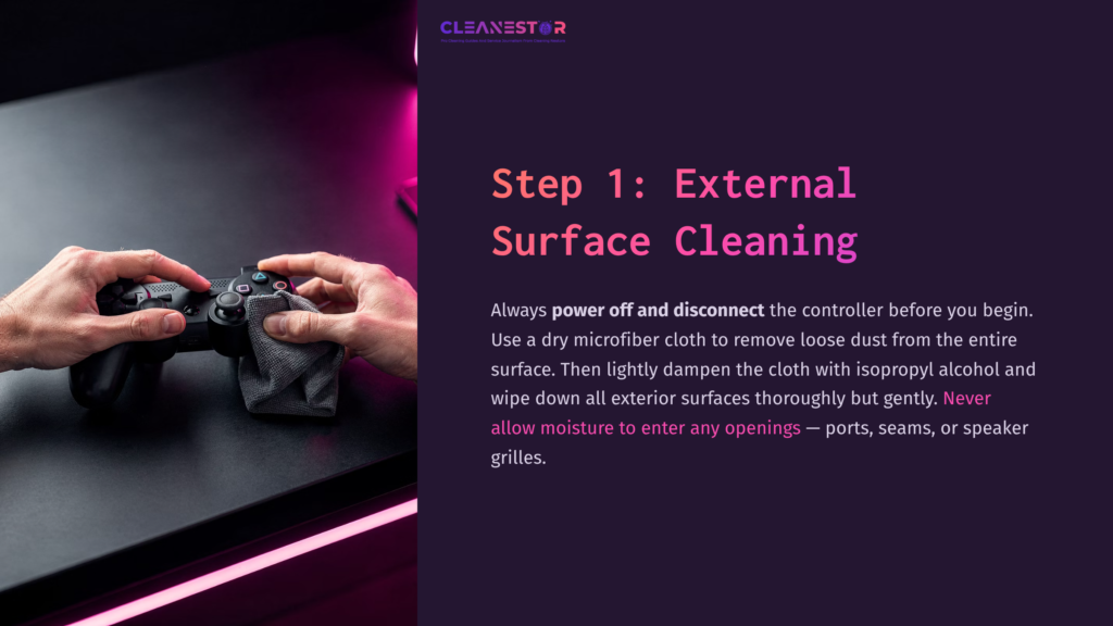Hands Holding A Black Ps3 Controller, With A Pink-Lit Gaming Setup In The Background, Highlighting Cleaning Instructions.