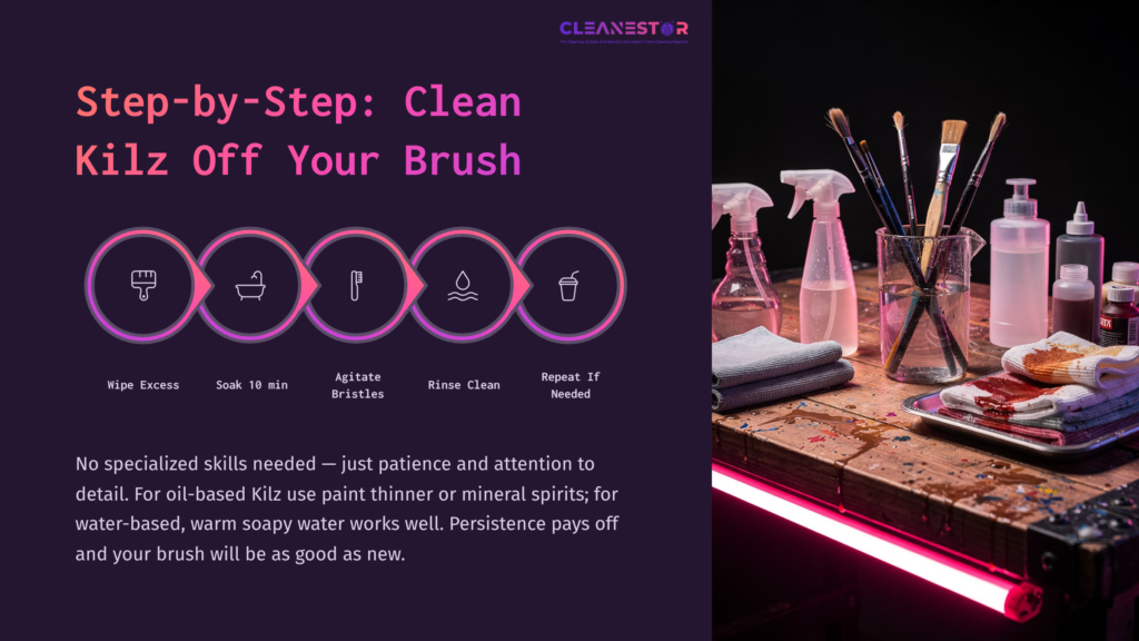 Instructions For Cleaning A Paintbrush, Featuring A Step-By-Step Layout With Icons And Images Of Cleaning Supplies Against A Dark Background.