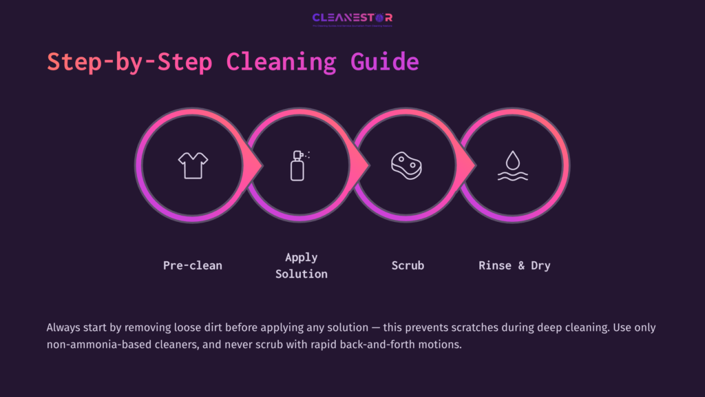 4 Step By Step Cleaning Guide 1 Step-By-Step Guide For Cleaning A Motorcycle Windshield, Featuring Icons For Pre-Cleaning, Applying Solution, Scrubbing, And Rinsing.