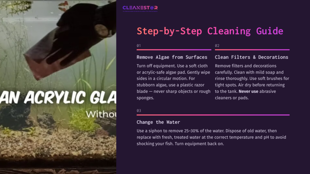 Acrylic Aquarium With Aquatic Plants And Fish, Alongside A Cleaning Guide Featuring Step-By-Step Instructions In Bold Text.