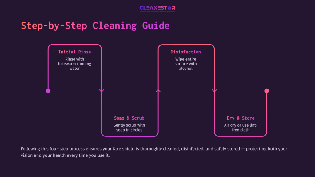 Step-By-Step Guide For Cleaning A Face Shield, Featuring Pink Text On A Dark Background With Sections For Rinsing, Scrubbing, And Drying.