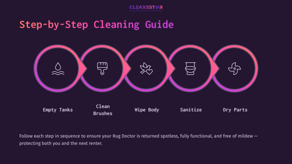 Step-By-Step Cleaning Guide For A Rug Doctor, Featuring Icons For Emptying Tanks, Cleaning Brushes, Wiping The Body, Sanitizing, And Drying Parts.