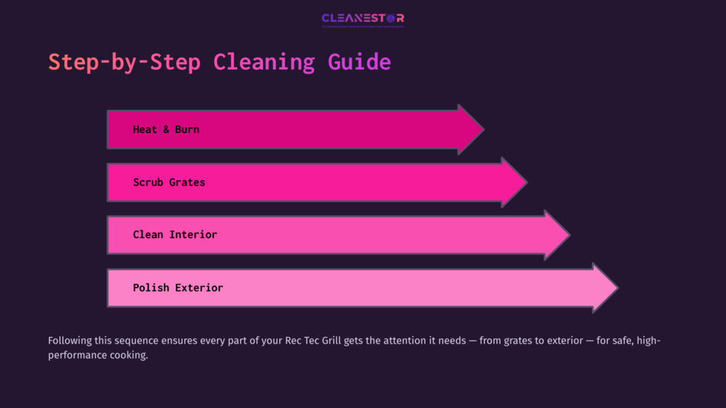 4 Step By Step Cleaning Guide 5 Step-By-Step Cleaning Guide For Rec Tec Grill With Pink Arrows Highlighting Key Tasks: Heat &Amp; Burn, Scrub Grates, Clean Interior, Polish Exterior.