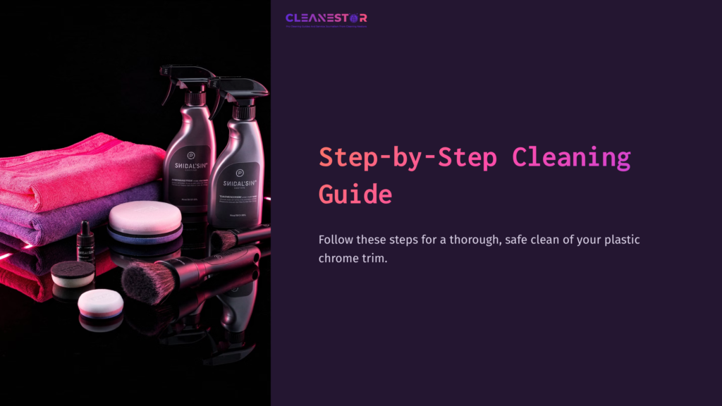 A Variety Of Black Cleaning Products, Microfiber Towels, And A Brush On A Reflective Surface, With Bold Text Highlighting A Cleaning Guide.