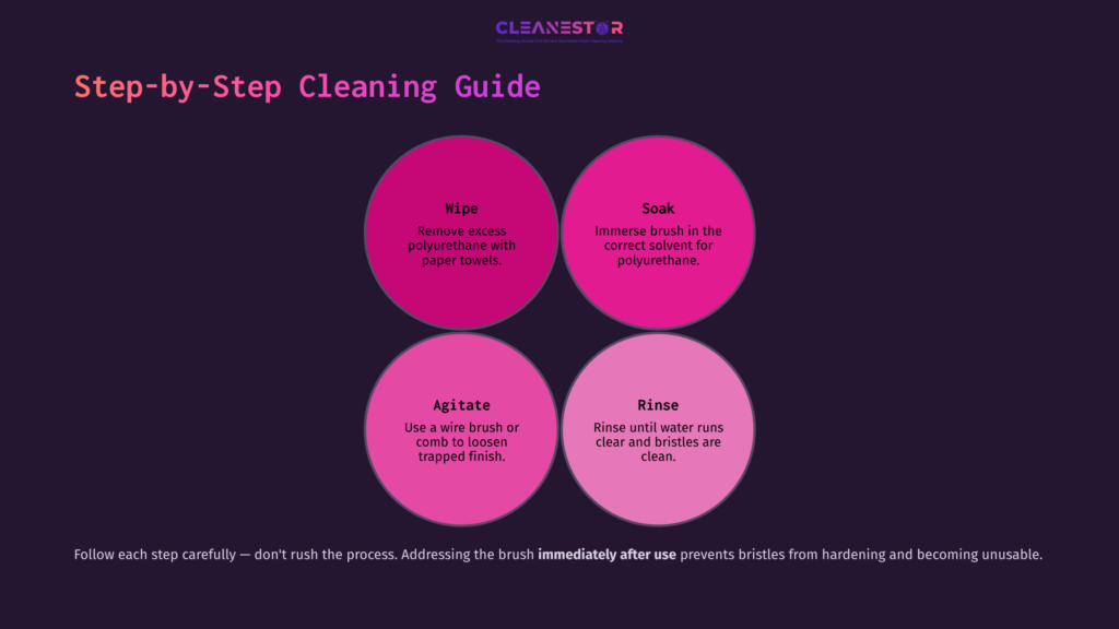 Four Pink Circles On A Dark Background Summarizing A Step-By-Step Guide To Cleaning A Brush With Polyurethane: Wipe, Soak, Agitate, Rinse.