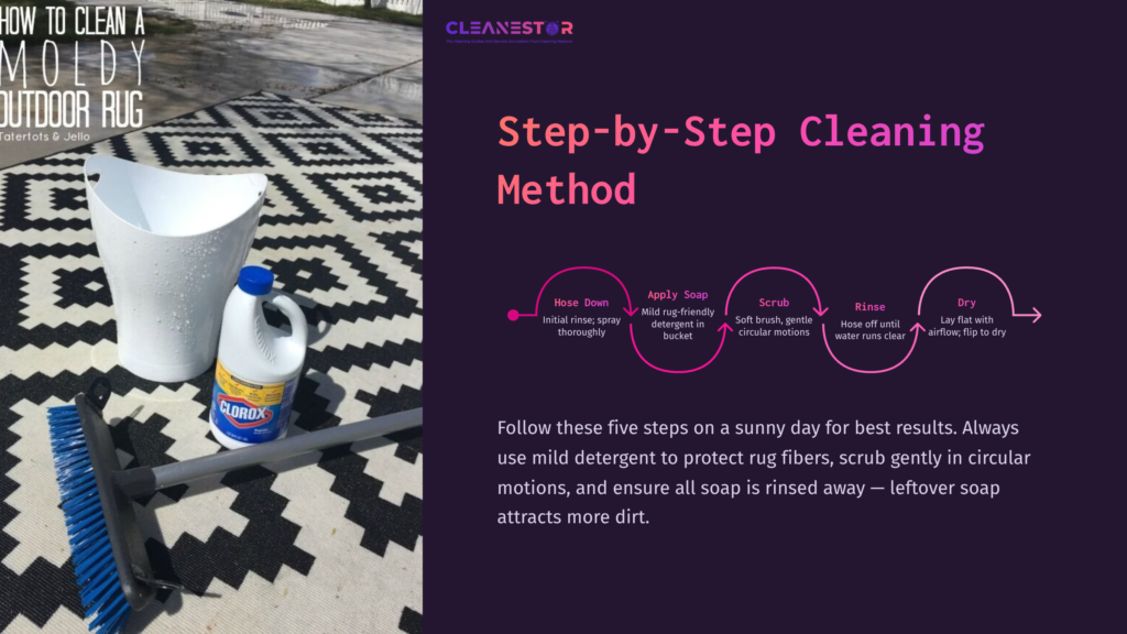 A Black And White Patterned Outdoor Rug With Cleaning Supplies, Including A Spray Bottle And A Scrub Brush, Arranged Nearby.