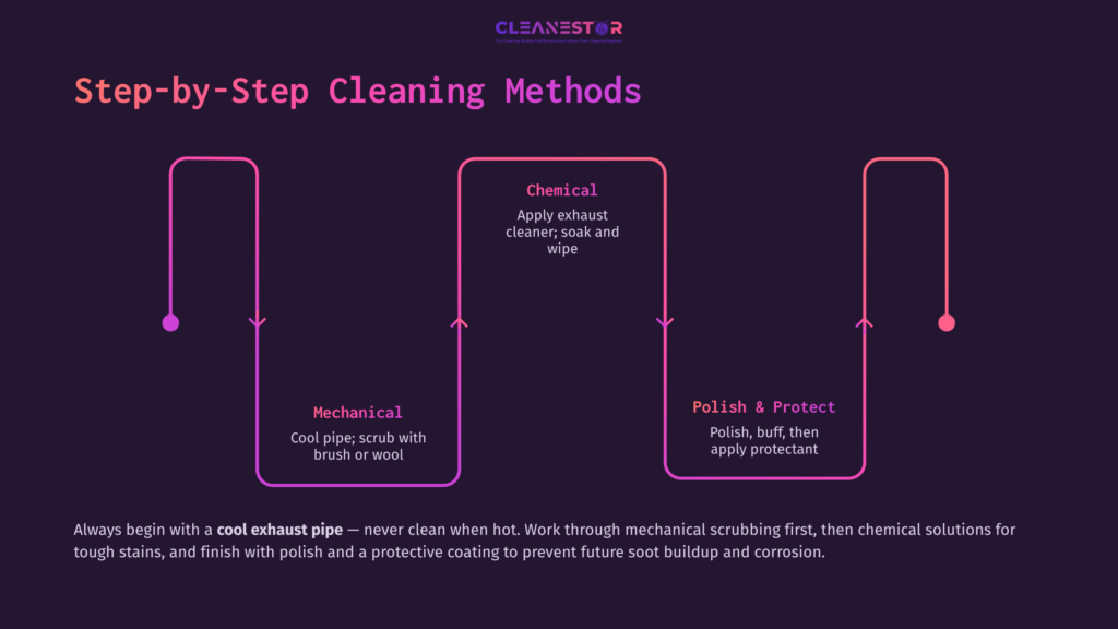Step-By-Step Infographic Detailing Methods To Clean Black Exhaust Pipes, Featuring Sections For Mechanical, Chemical, And Polishing Techniques.