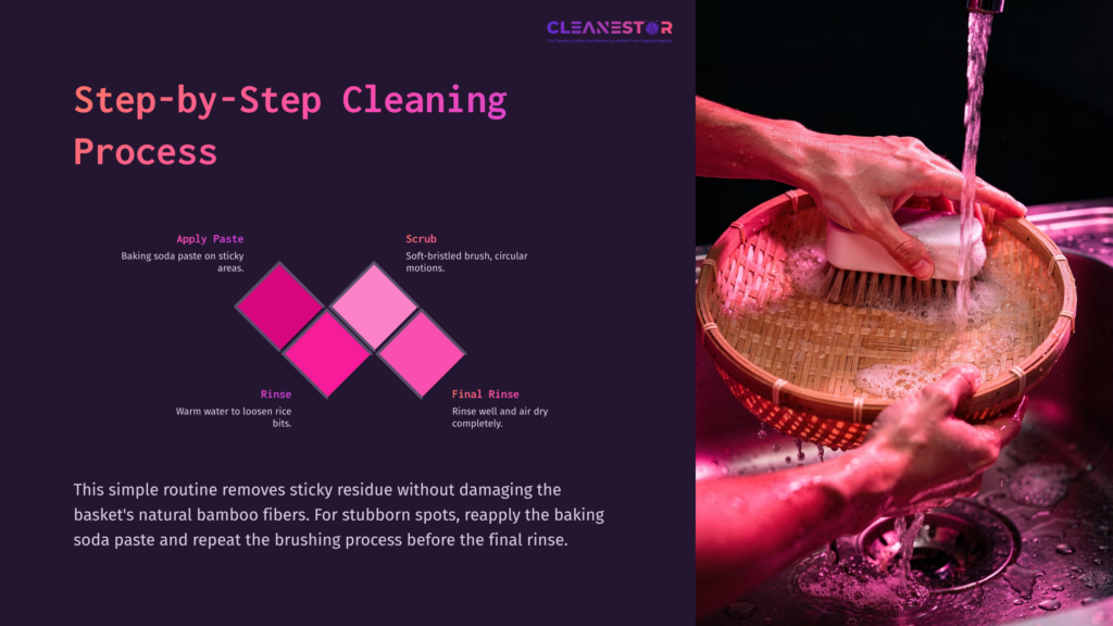 Hands Scrubbing A Bamboo Sticky Rice Basket With A Brush In A Sink, Alongside A Step-By-Step Cleaning Process Graphic.
