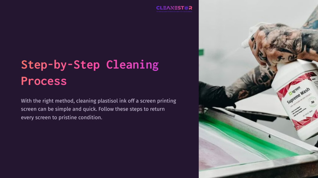 4 Step By Step Cleaning Process 10 A Person Holding A Spray Bottle Over A Screen Printing Frame With Vibrant Purple Ink, Demonstrating A Cleaning Process.