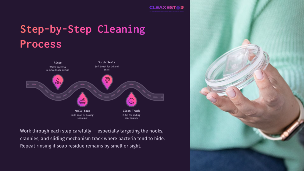 A Person Holding A Clear Swig Lid With A Diagram Showing A Cleaning Process, Featuring Icons For Rinsing, Soap Application, And Tracking.