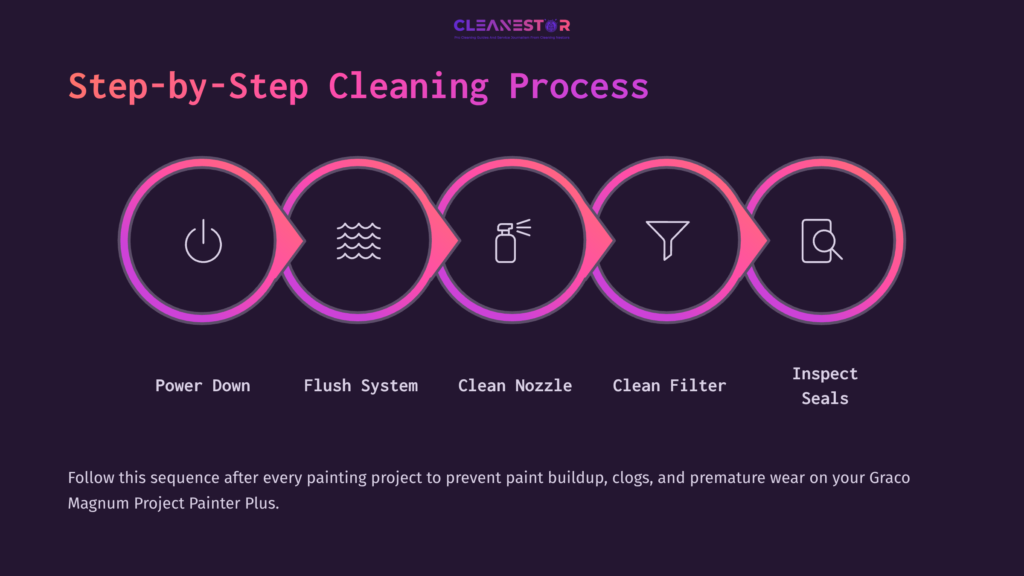 Infographic Outlining A Step-By-Step Cleaning Process With Five Circular Icons For Power Down, Flushing, Cleaning Nozzle, Filter, And Inspecting Seals.