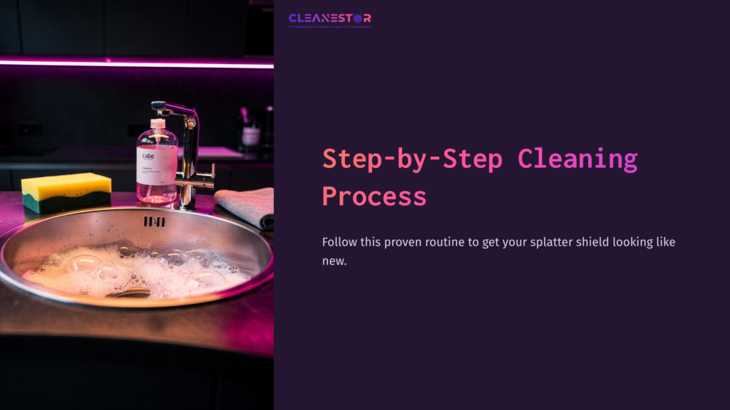 A Modern Kitchen Sink With Bubbles In Water, A Yellow Sponge, And A Pink Cleaning Bottle, Featuring Purple Ambient Lighting.