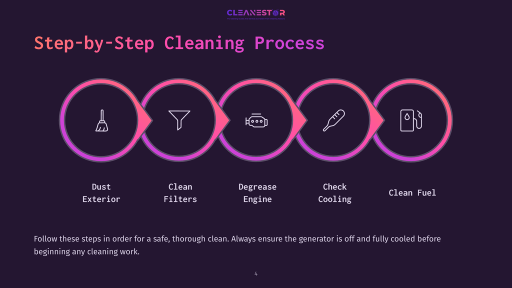Flowchart With Five Steps For Cleaning A Generator, Using Icons For Each Step On A Dark Background With Purple Accents.