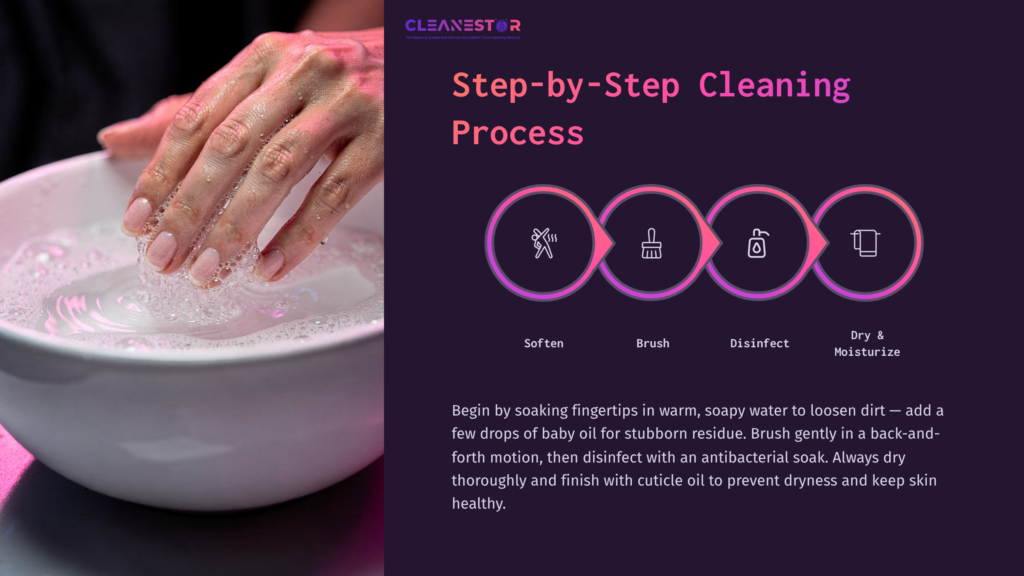 4 Step By Step Cleaning Process 8 A Person'S Hand Soaking In Soapy Water Next To A Bowl, With Step-By-Step Cleaning Process Icons In Purple Circles.