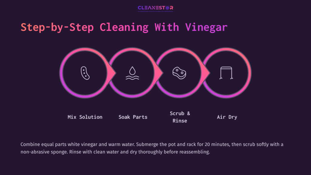 Visual Guide Detailing Step-By-Step Cleaning Process With Vinegar: Mixing Solution, Soaking Parts, Scrubbing, Rinsing, And Air Drying.