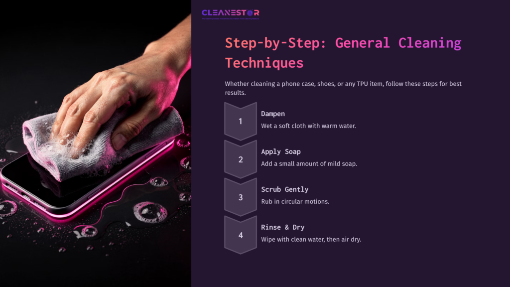 A Hand Holding A Cloth, Dampened With Water, Cleans A Smartphone On A Dark Background With Step-By-Step Cleaning Instructions.