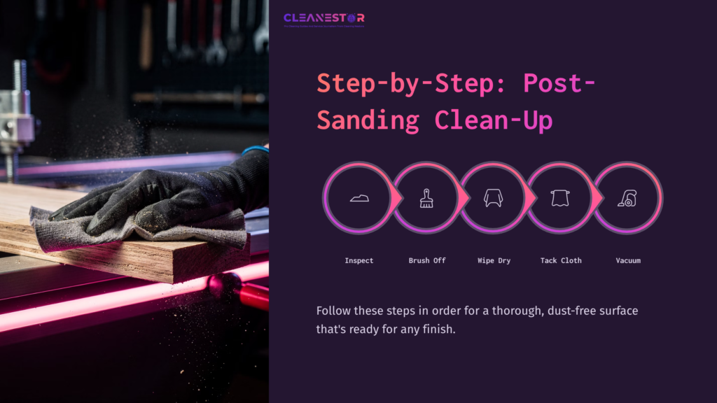 A Gloved Hand Brushes Dust Off A Wooden Board, With Icons And Text Below Outlining Post-Sanding Clean-Up Steps.