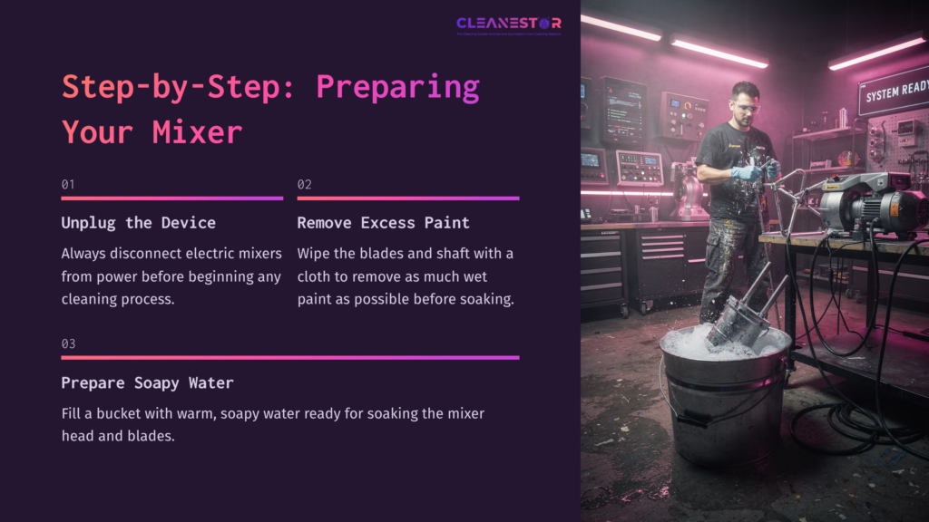 4 Step By Step Preparing Your Mixer A Person Cleaning A Paint Mixer In A Workshop, Surrounded By Tools And Pink Lighting, With A Bucket For Soaking The Mixer.