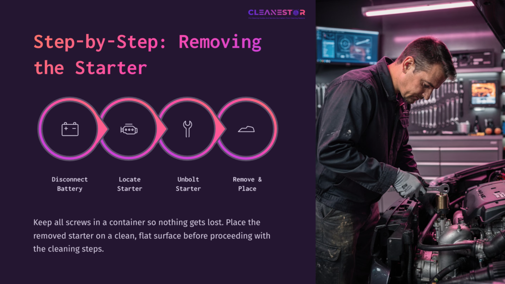 A Mechanic Working On A Car Engine, Focusing On Starter Removal. The Background Includes Tools And Car Diagnostics Equipment, With Step-By-Step Guidance.